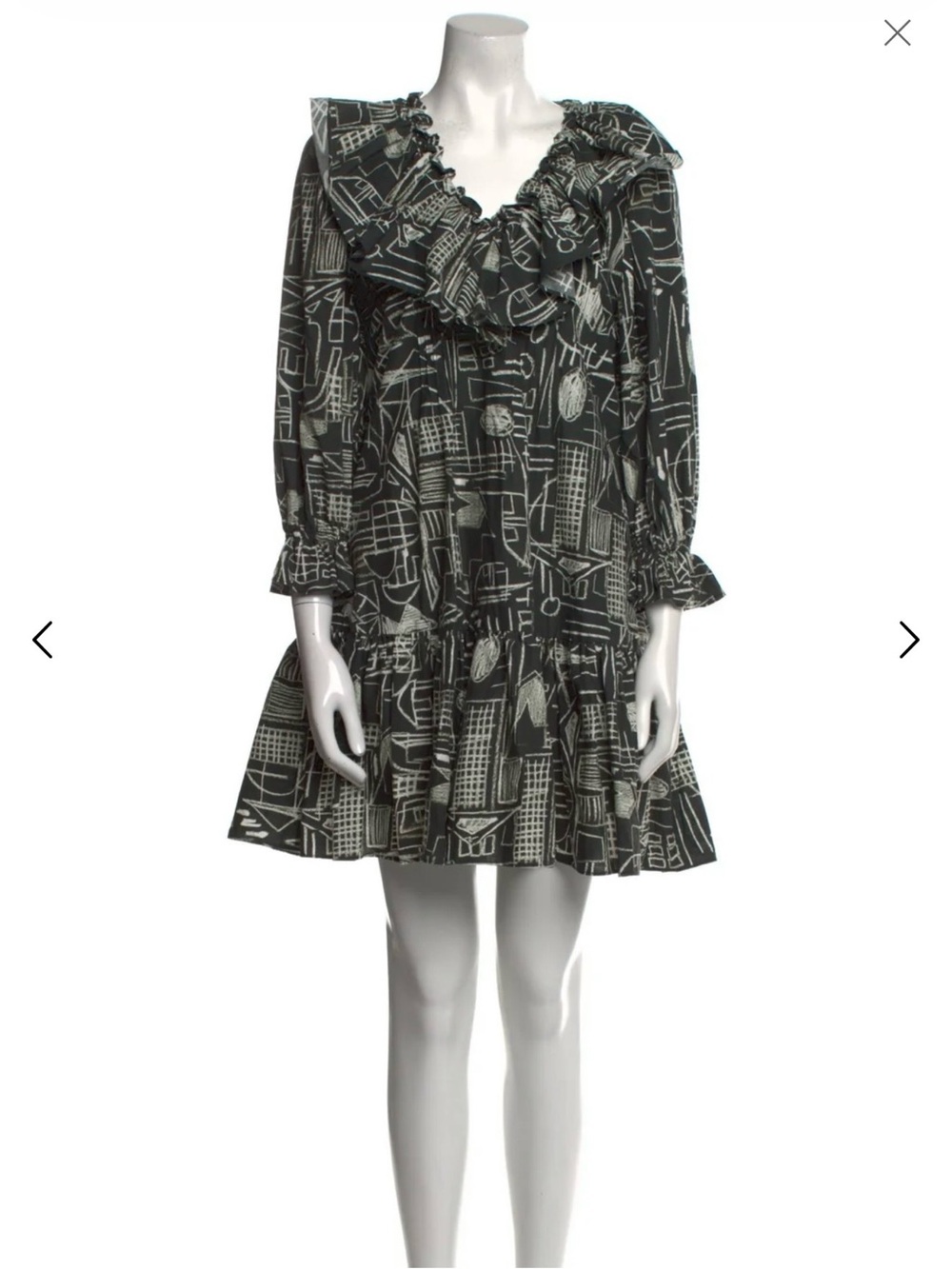 HUNTER BELL Black and Cream White Chalkboard Ruffled Neck Mini Dress XS